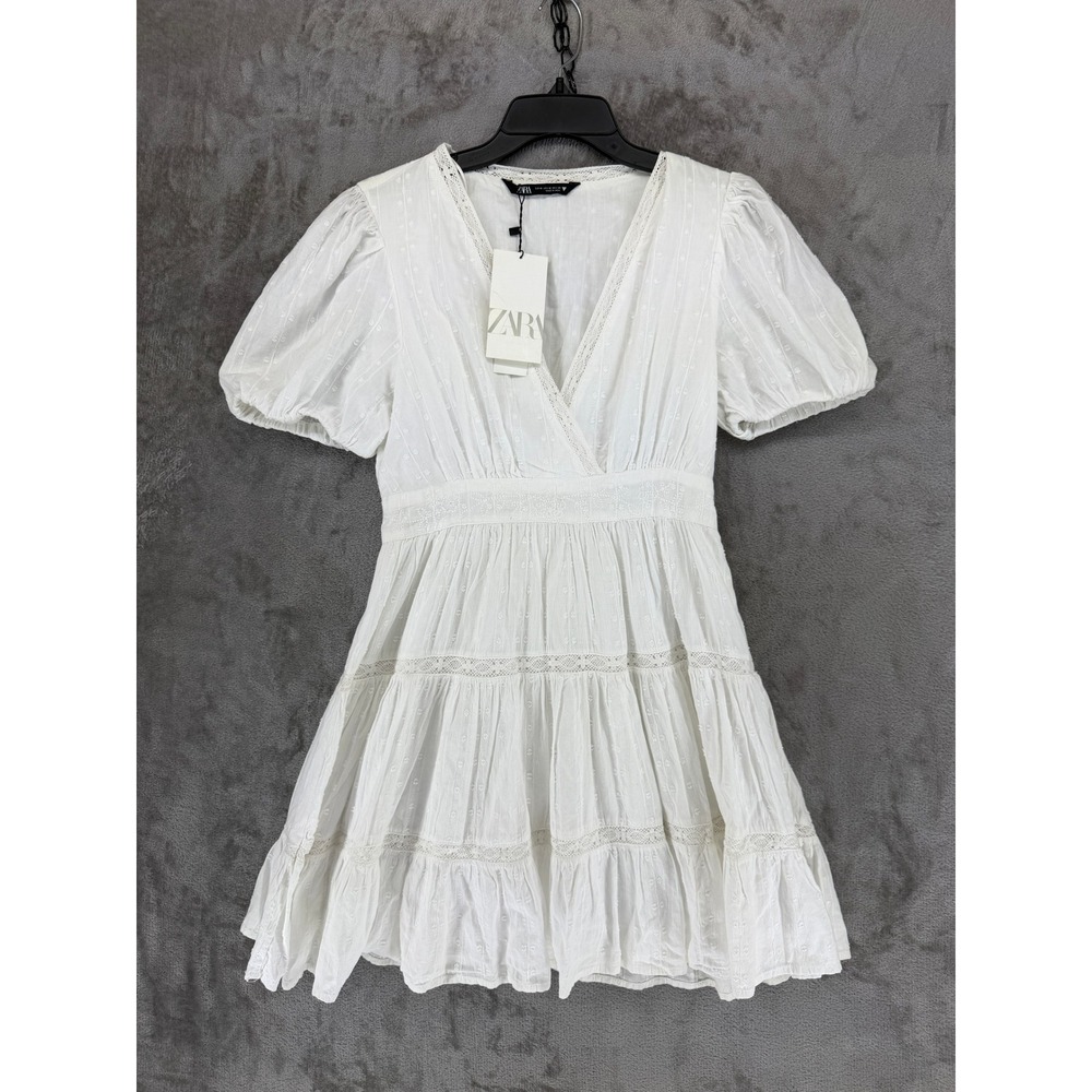 Zara Womens White Eyelet Lace Tiered Mini Dress V-Neck Puff Sleeve Size M NEW